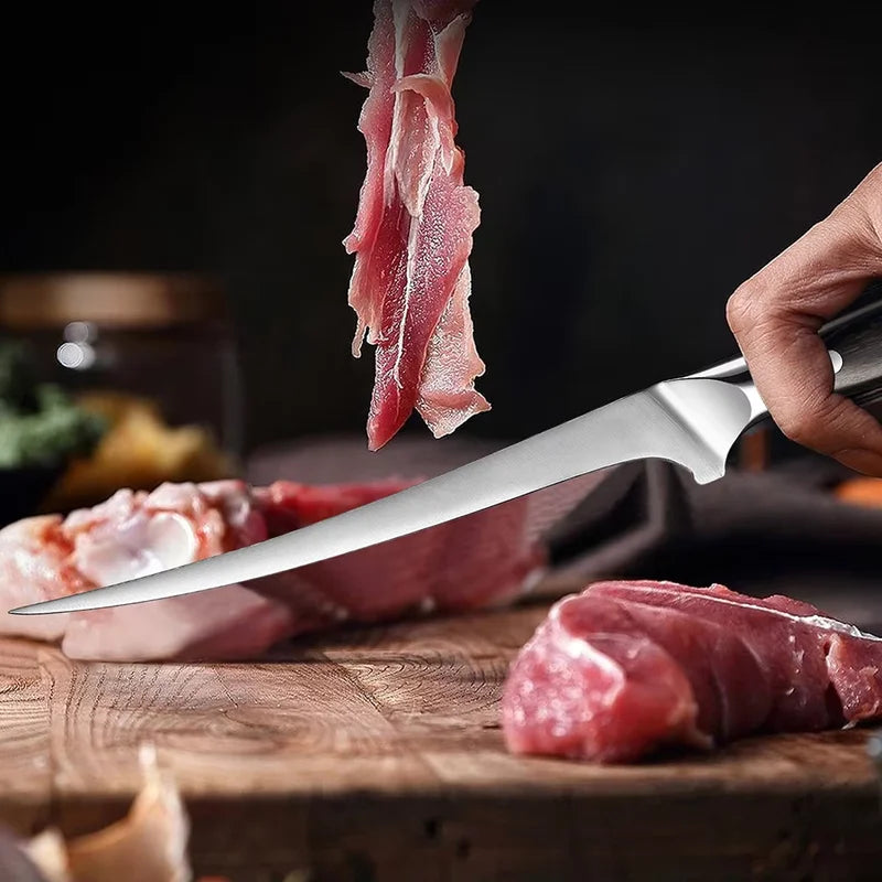 8 Inch Stainless Steel Boning Knife - Sharp Flexible Curved Fish & Meat Cutter