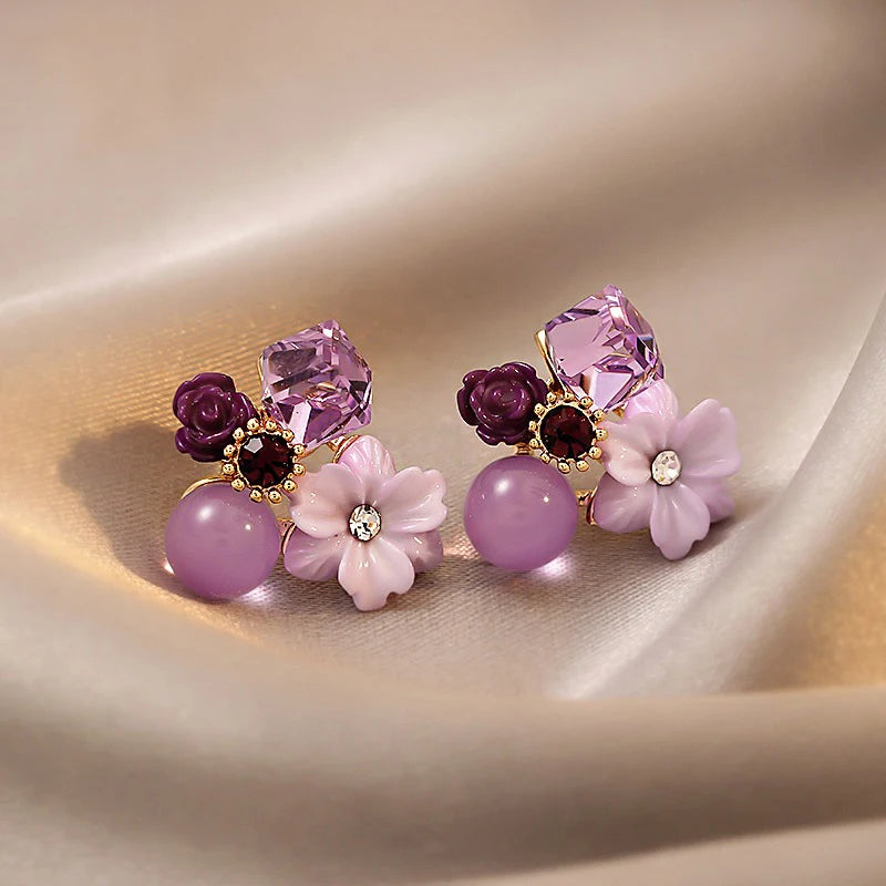 Purple Crystal Flower Stud Earrings for Women Jewelry Set Bridal Party Gift
