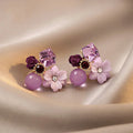 Purple Crystal Flower Stud Earrings for Women Jewelry Set Bridal Party Gift