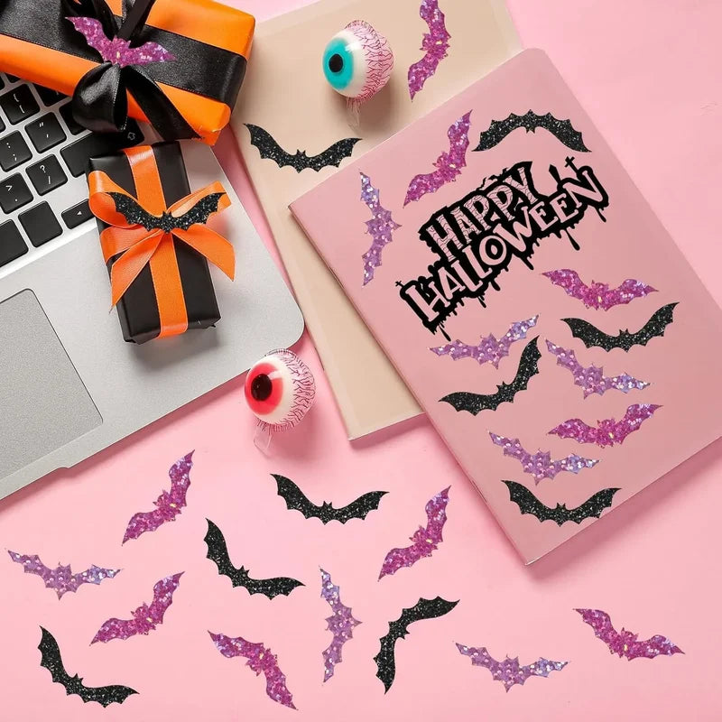 500pcs Halloween Bat Stickers Roll Waterproof Laser Black 3D Glitter Self-Adhesive Decorations