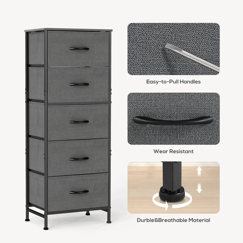 5-Drawer Fabric Storage Cabinet with Wooden Top - Tall Closet Organizer