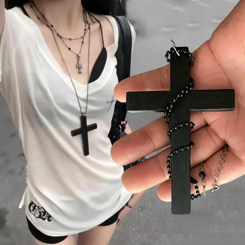 Dark Wooden Cross Necklace - Gothic Boho Jewelry Chain Pendant