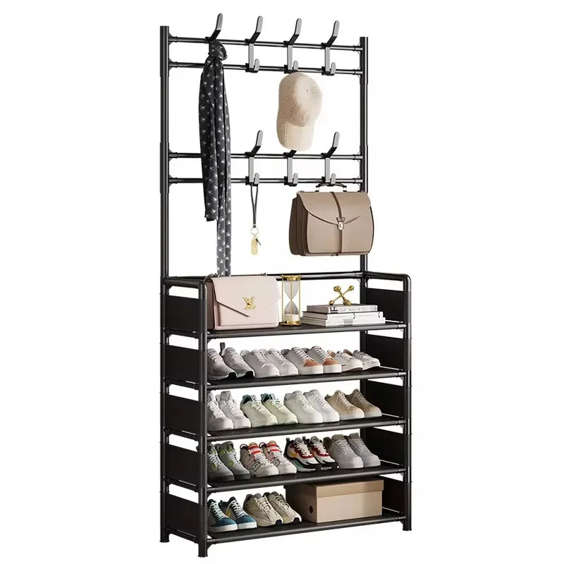 Multi-Tier Metal Storage Rack with 8 Hooks for Shoes Coats Hats Accessories