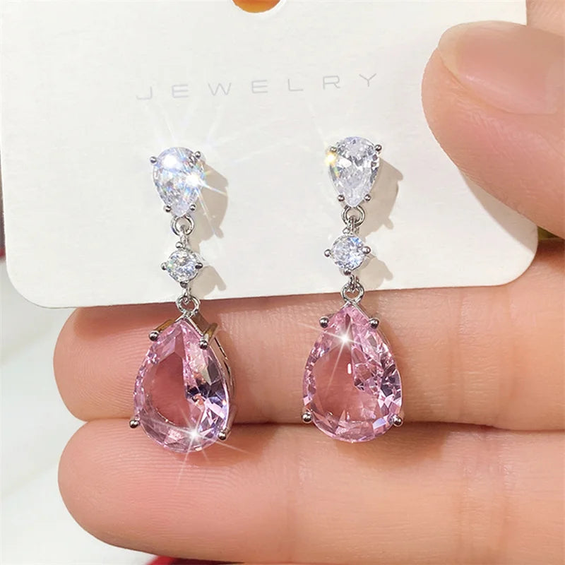 Pink Pear Drop Earrings with Cubic Zirconia for Women Engagement Party Jewelry