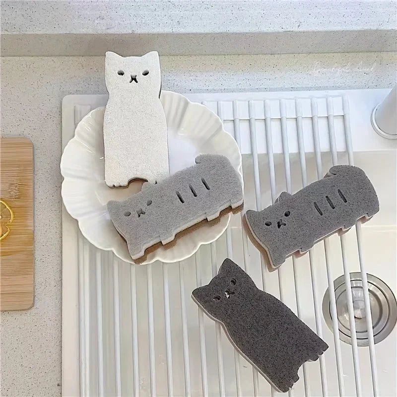 Cute Cat Shaped Kitchen Sponge Set - 3-Layer Dish Cleaning Tool, 4 Pieces