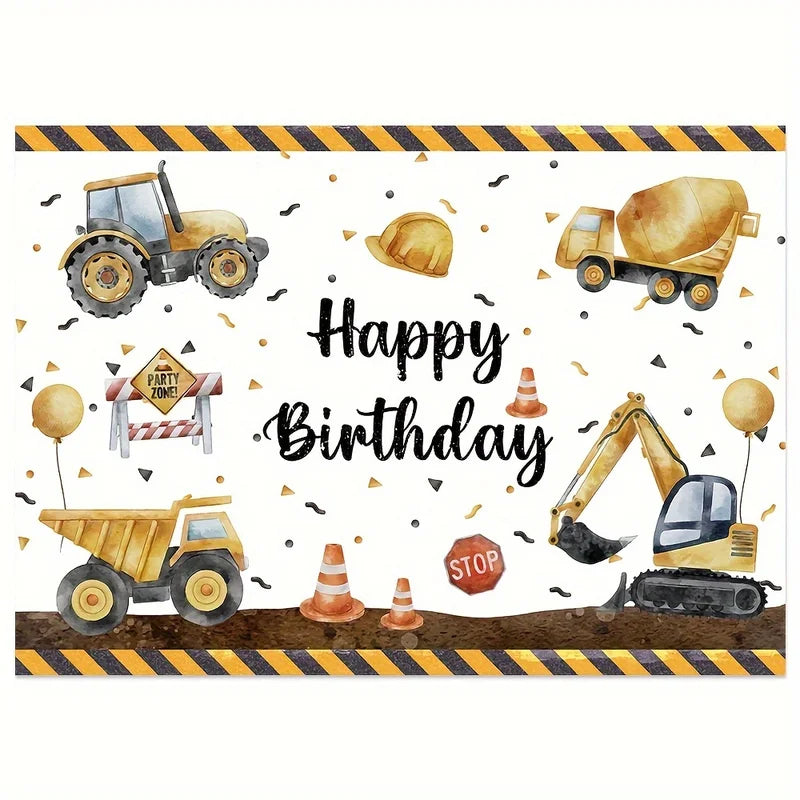 Construction Theme Birthday Backdrop Banner for Kids Party - Excavator Crane Truck Decoration