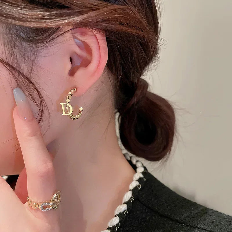 Gold Alloy Beaded Hoop Earrings for Women Geometric Statement Jewelry