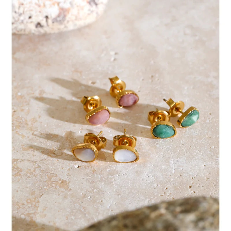 Stainless Steel Stud Earrings with Natural Shell and Stone Oval Small Jewelry