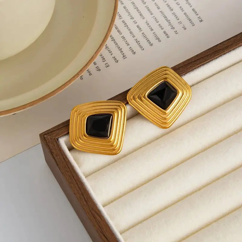Vintage Irregular Geometric Square Stud Earrings for Women Black Acrylic Rhinestones