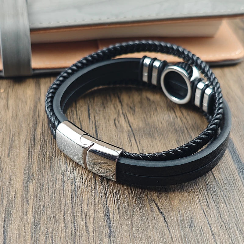 Men's Leather Bracelet with Stainless Steel Charm - Irregular Punk Accessories