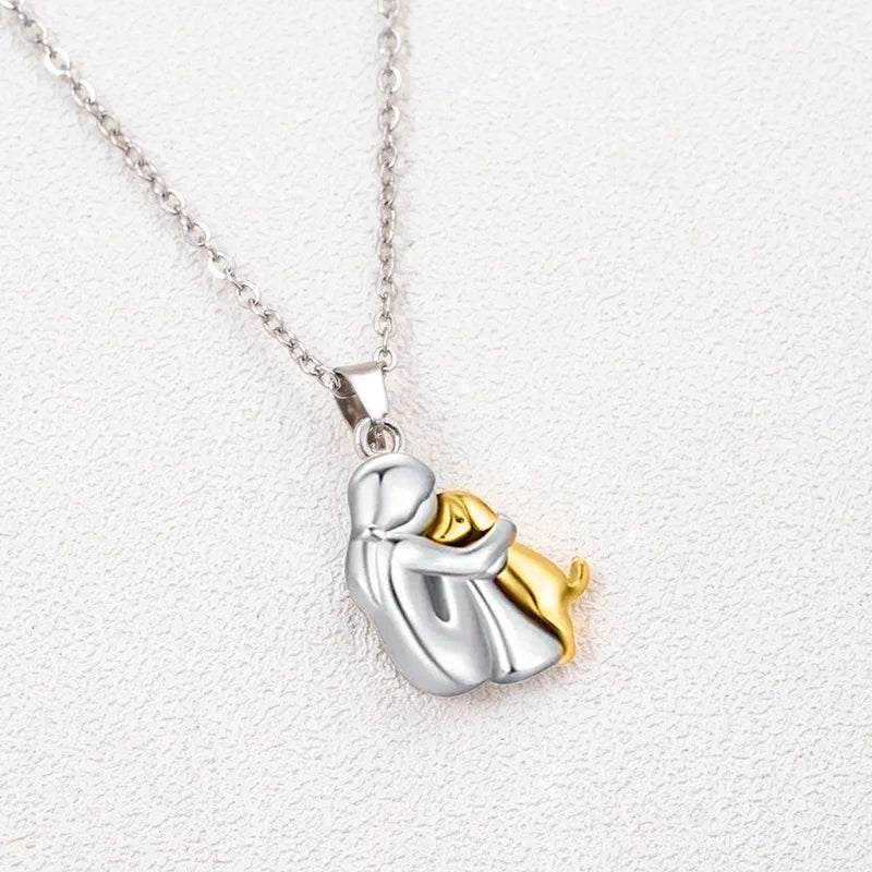 Cute Two Tone Girl Hugged Dog Necklace Pendant Jewelry for Women & Pets