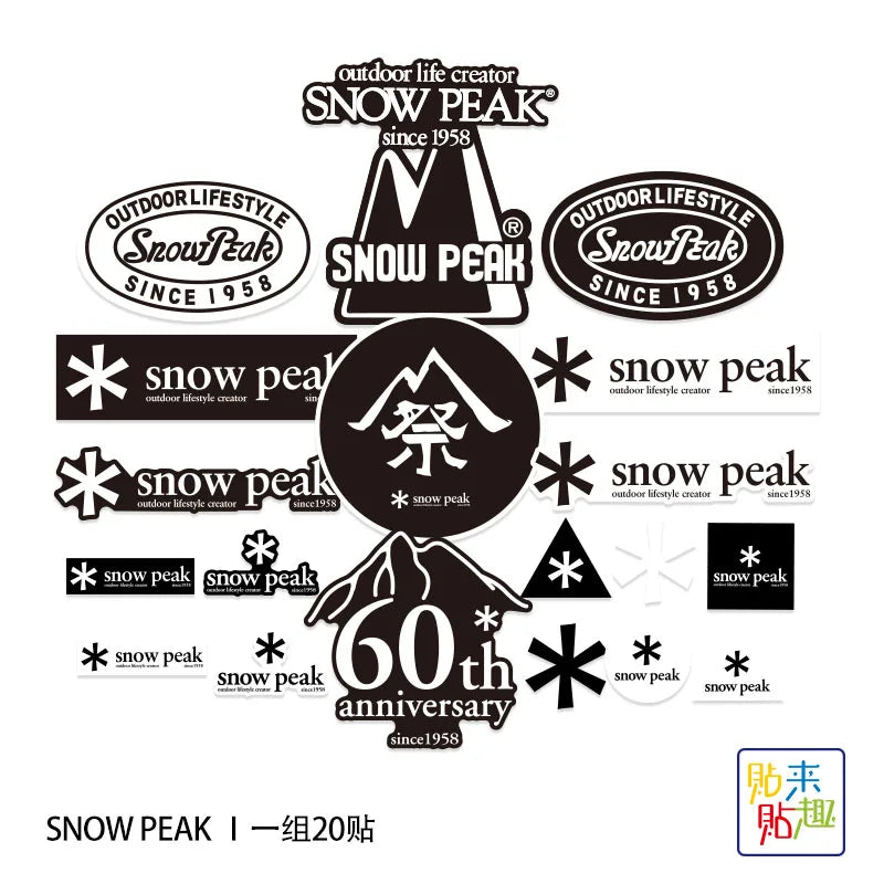 20pcs Waterproof Outdoor Camping Snowboard Sticker Set - Snow Peak Mountaineering & Motorcycle Designs
