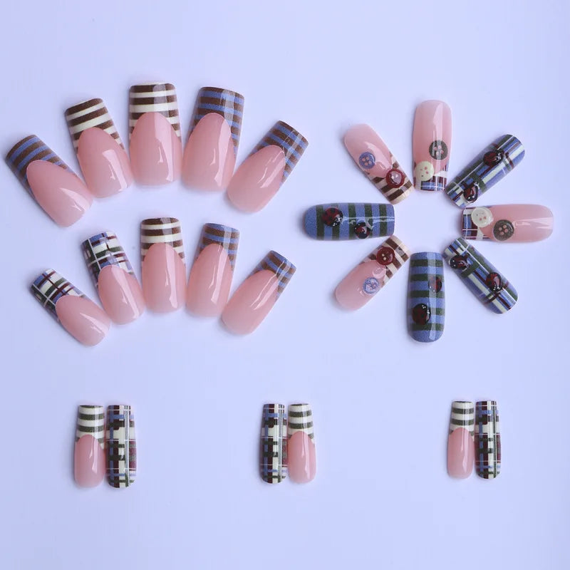 24pcs Vintage French Style Press On Nails with Cartoon Ladybug Button Designs - Coffin Fake Nails in Blue, Brown, Green, Ivory, Beige
