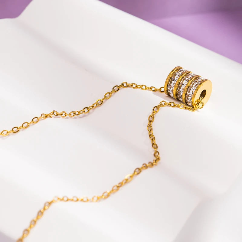 Stainless Steel Cylinder Pendant Necklace for Women with Zirconia Collar Jewelry Gift
