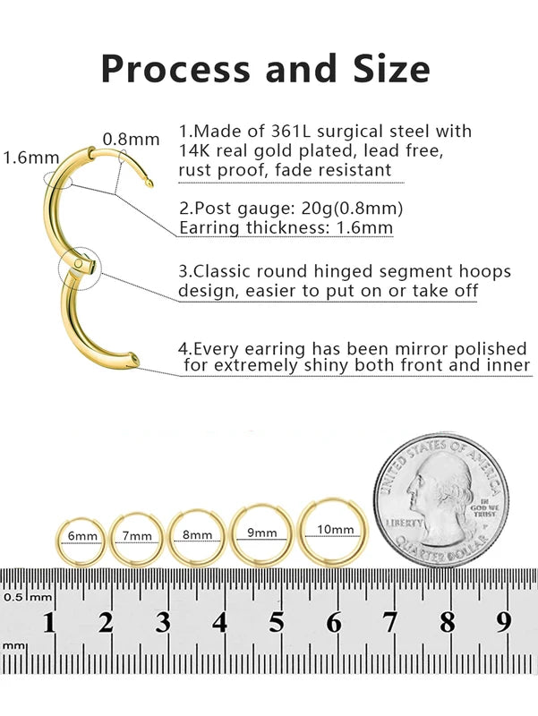 Small Hoop Earrings for Women - 18K Gold Plated Surgical Steel Huggie Earrings, Cartilage Helix Tragus
