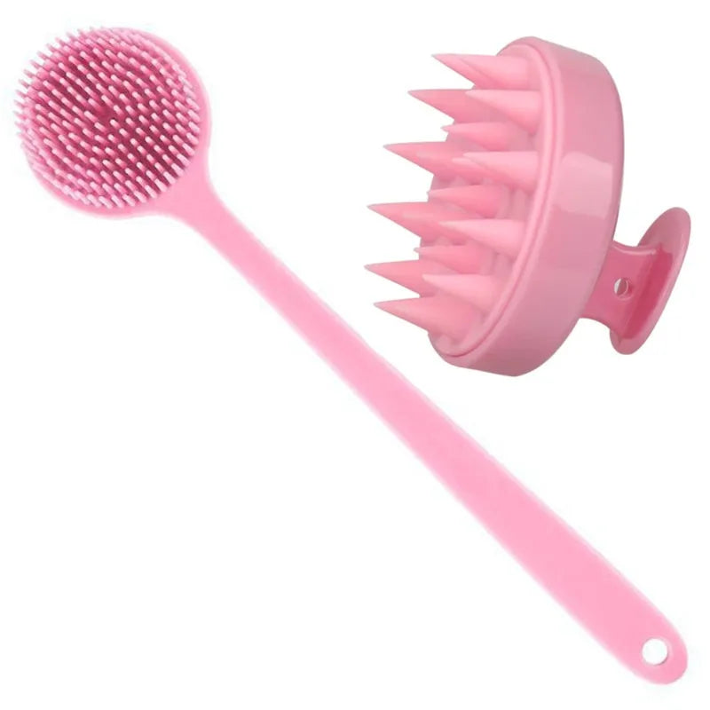 Dual-Sided Silicone Bath Brush Set with Long Handle for Exfoliating & Massage