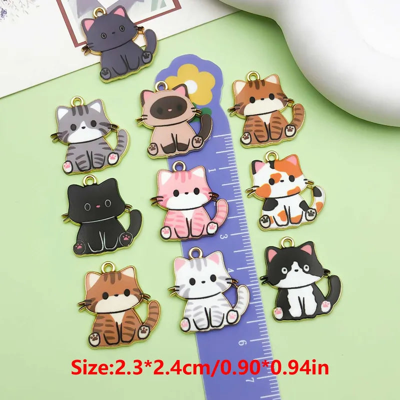 10pcs Enamel Cat Charm Set for Jewelry Making - Cartoon Animal Pendants