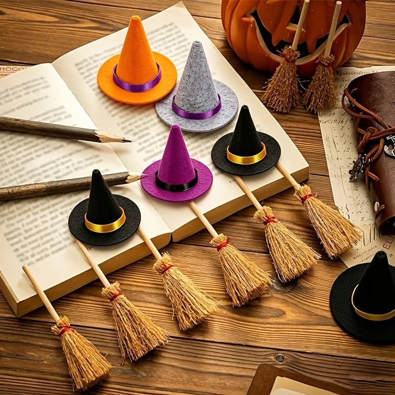 12pcs Mini Witch Hat and Broom Set Halloween DIY Decorations Party Accessories