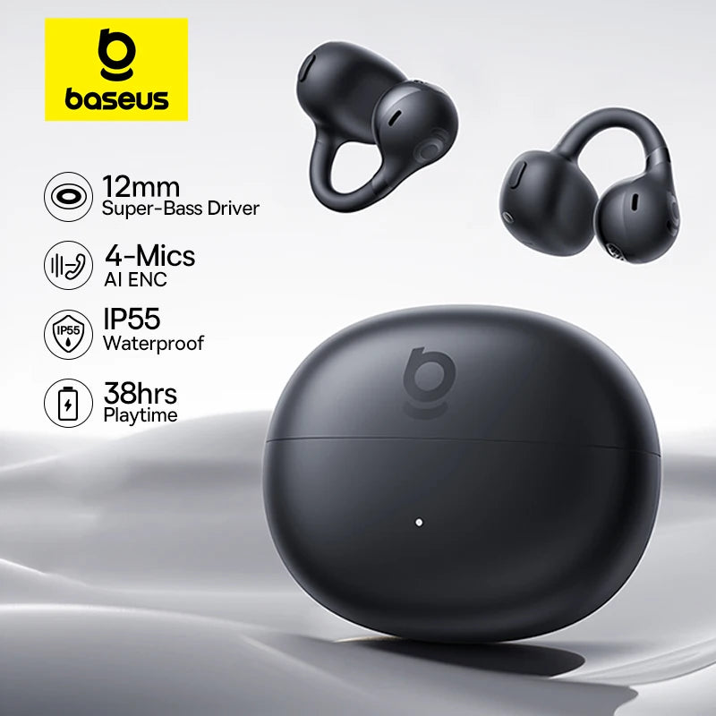 Open Ear Sports Earbuds with Clip-On Design, 4-Mic Clear Calls, Super Bass