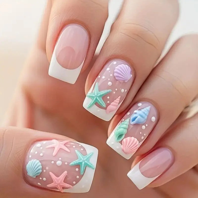 24Pcs Short Square French Press on Nails Tips with Love Stripe Design - Full Cover Nail Art