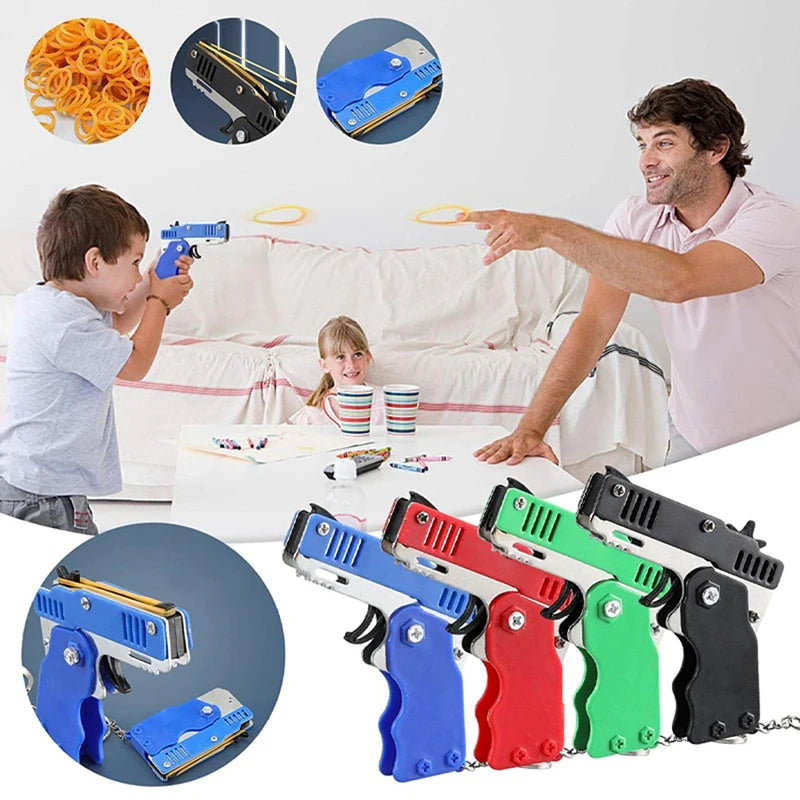 Mini Folding Rubber Band Launcher Toy with Keychain and 60 Rubber Bands - Perfect Gift