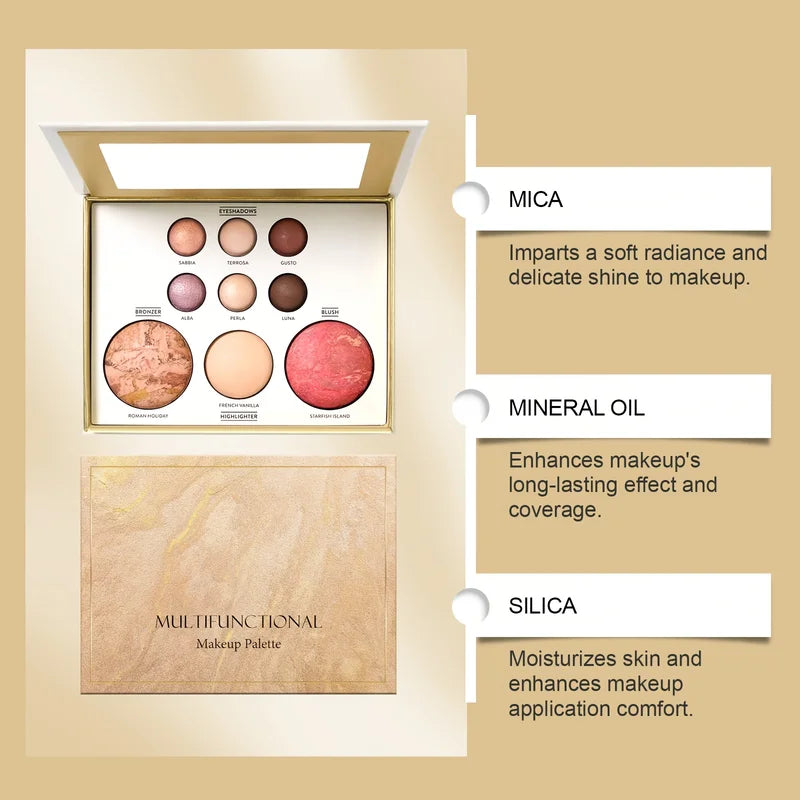 All-in-One Full Face Baked Makeup Palette with Brush - Travel-Ready, Versatile Colors