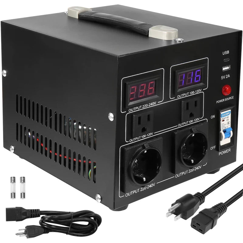 Heavy Duty Voltage Converter Transformer 2000VA-5000VA with US & EU Outlets and USB Port