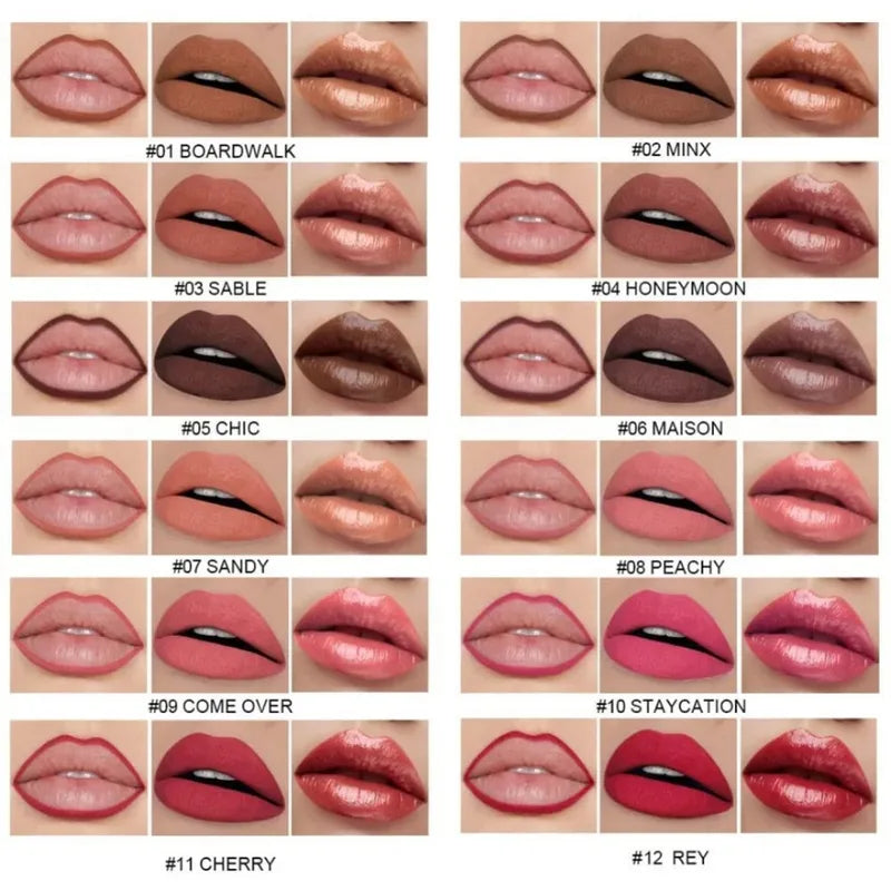 3-in-1 Lip Makeup Set Including Lip Liner, Matte Liquid Lipstick & Lip Gloss