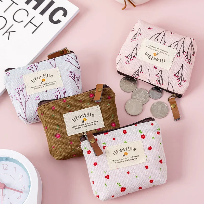 Kawaii Coin Purse Canvas Mini Floral Clutch Bag for Women Girls Kids