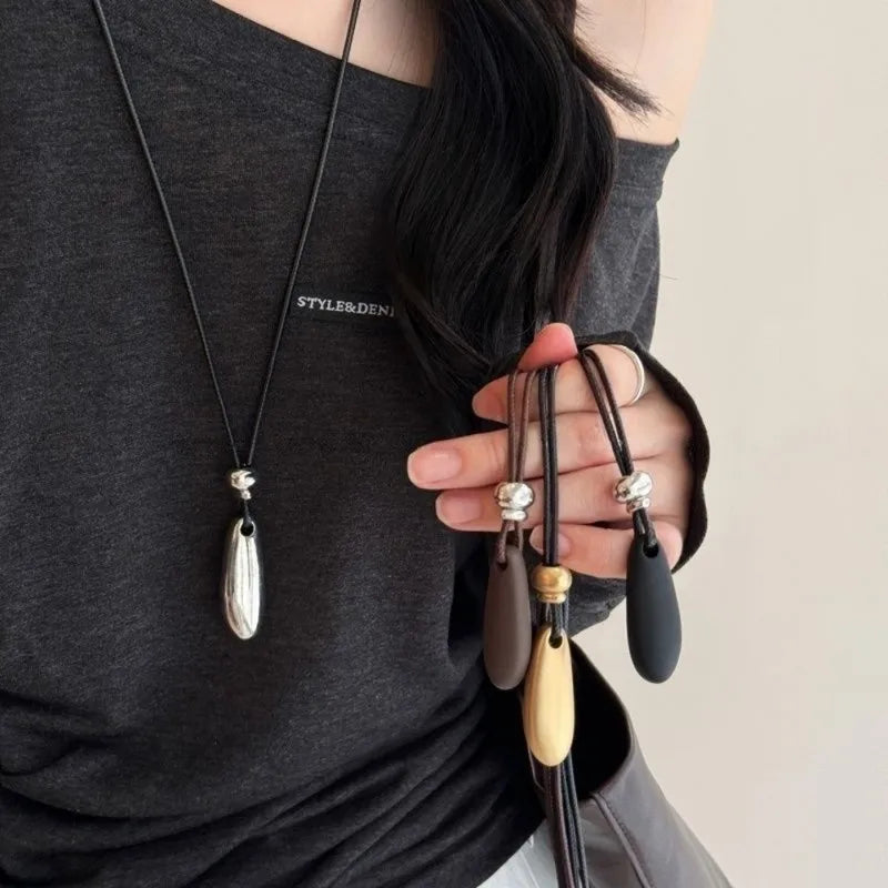 Geometric Metal Pendant Necklace for Women Long Rope Chain Black Water Drop Style