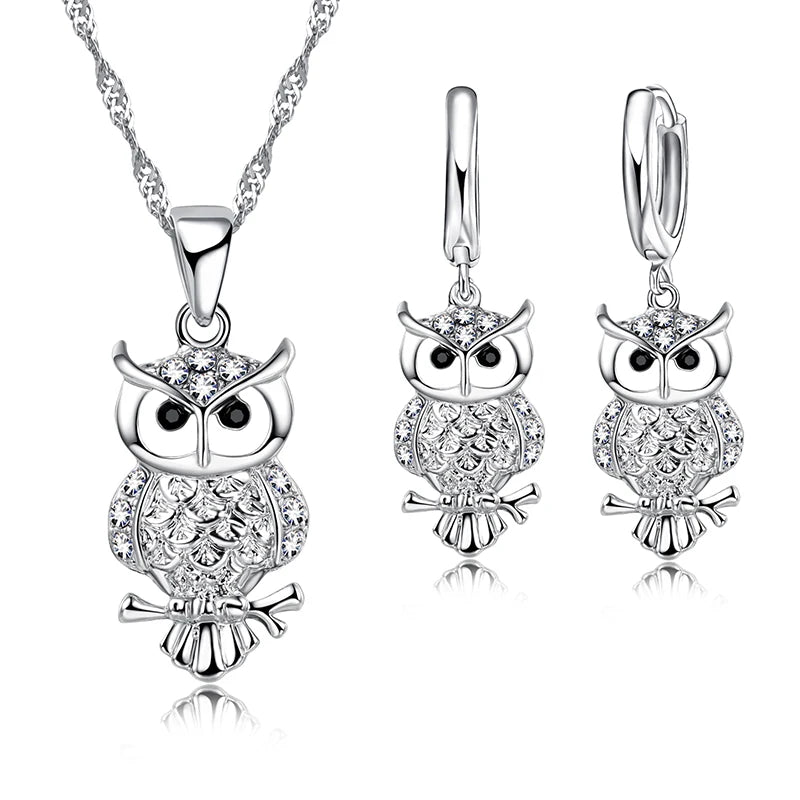 African Crystal Owl Pendant Necklace Earrings Set in Sterling Silver for Women