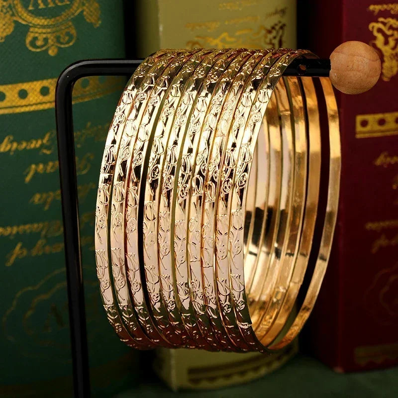 Slim Metal Bangles Layered Cuff Bracelet with Carved Flower Design - Bridal Ethnic Jewelry