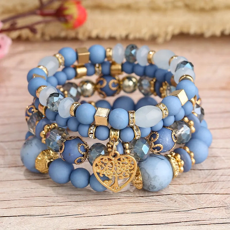 Bohemian Beaded Chain Bracelet Set for Women Tree of Life Charm Elastic Jewelry