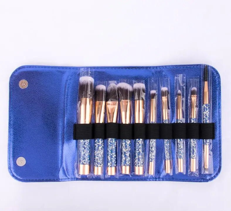 Diamond Studded Makeup Brush Set with Travel Bag - 10 Professional Cosmetic Tools