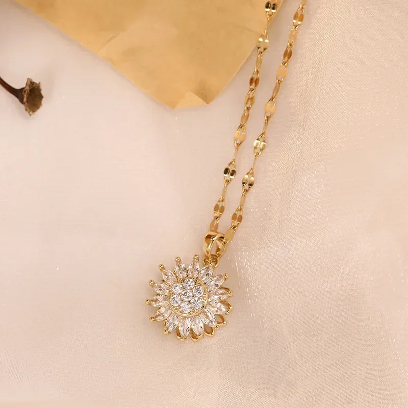 Double-Layer Rotatable Sunflower Necklace for Women Girl Jewelry Choker