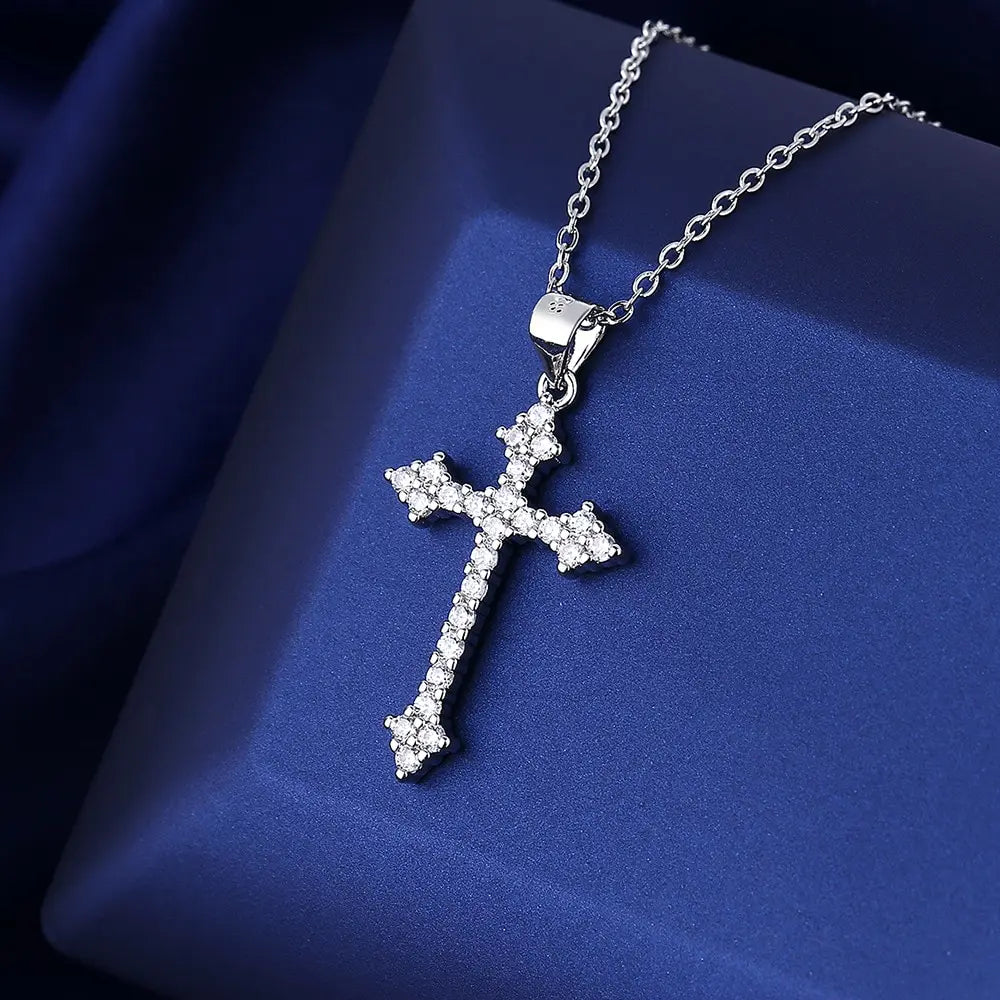 Women’s Gold-Color Necklace with Cross Pendant and Rhinestones, 45cm