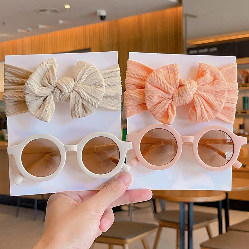 Children's Cotton Bowknot Hairbands & Round Sunglasses Set - Multiple Colors