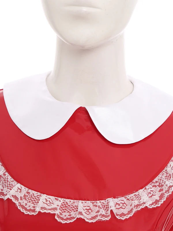 Women's Latex French Maid Cosplay Costume Dress with Apron for Halloween & Parties