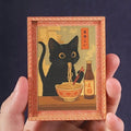 Mini Framed Black Cat Eating Ramen Magnet - Cute Japanese Cat Fridge Decor