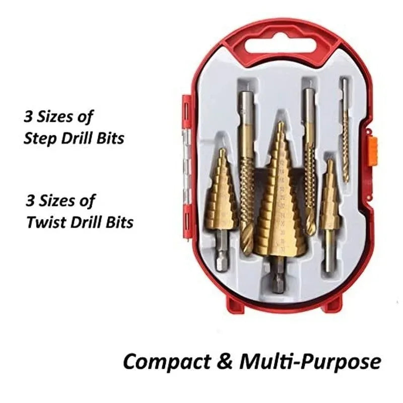 Titanium Coated Drill Bit Set - 6 Pieces for Metalworking and Woodworking