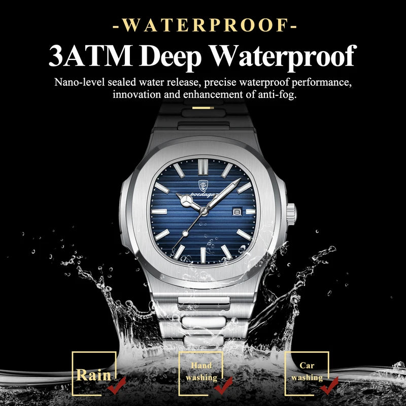 Luxury Men's Square Wristwatch Waterproof Luminous Date Quartz Watch - Stainless Steel Business & Sports Style