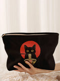 Black Cat Pattern Corduroy Makeup Bag with Zipper - Lightweight Storage Organizer