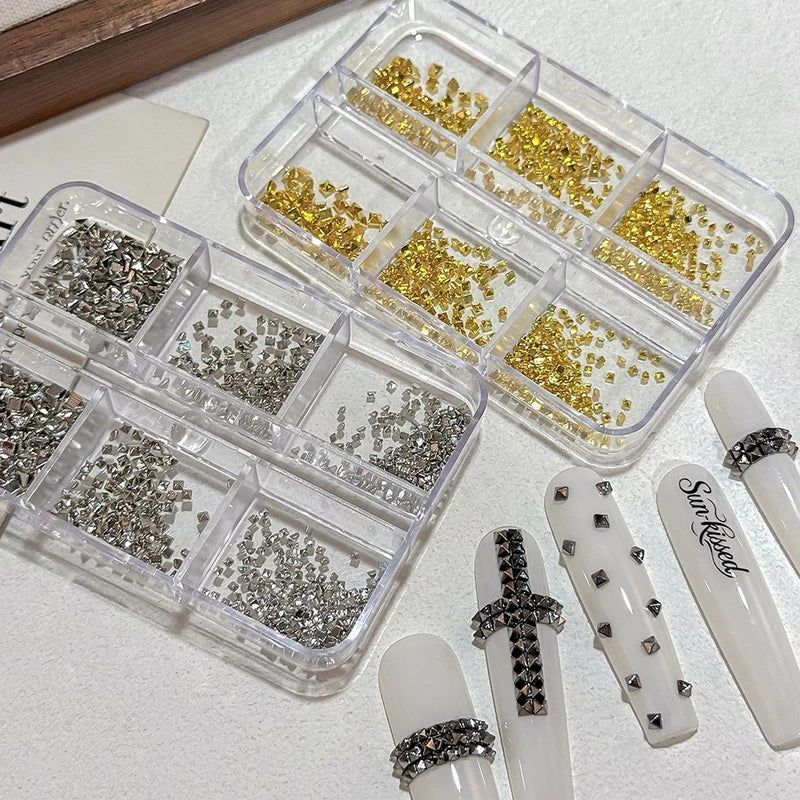 6-Grid Metal Rivets for Nail Art - Gold, Silver, Dark Grey, DIY Punk Accessories