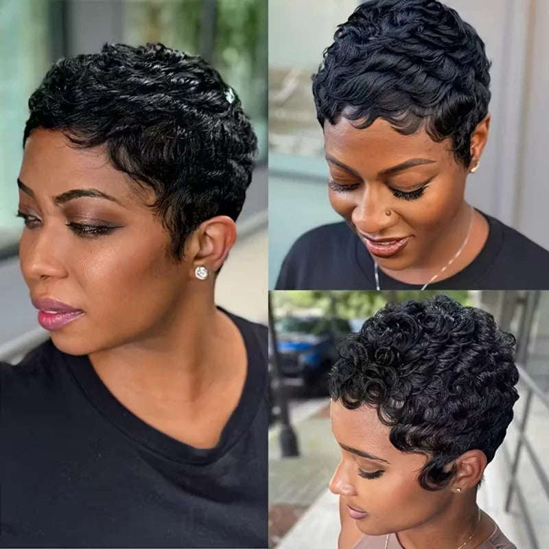 Natural Look Human Hair Pixie Cut Wig with Bangs - Full Machine Wig
