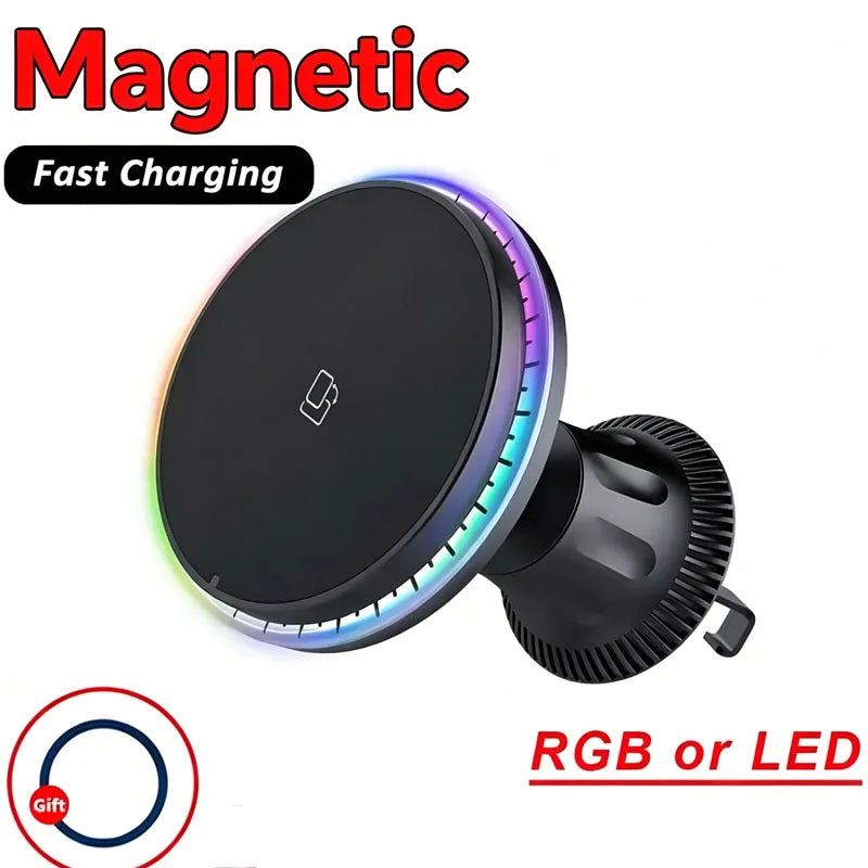 Magnetic Wireless Car Charger Mount with RGB Lighting for iPhone 12-17 - Fast Charging