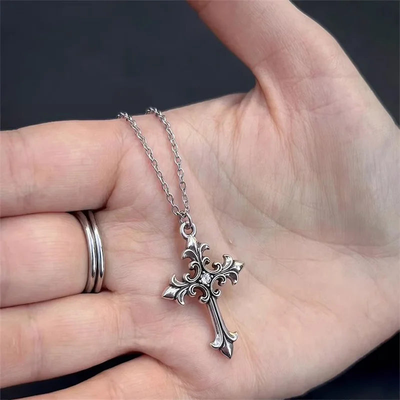 Stainless Steel Cross Pendant Necklace Gothic Y2K Silver Jewelry
