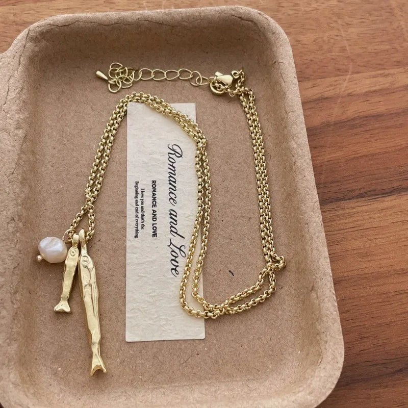 Charm Metallic Fish Pendant Necklace for Women with Pearl Accent, Gold & Silver Options