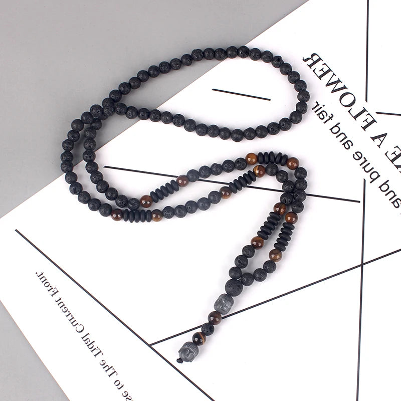 6mm Lava Stone Tiger Eye Beaded Necklace with Buddha Head Pendant for Men and Women