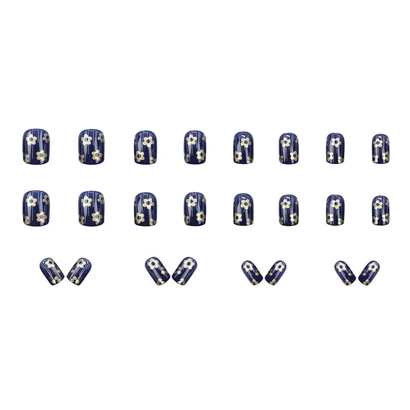 Short Square Fake Nails for Women Girls Spring Summer Floral Design - Deep Blue & Gold