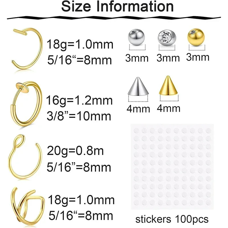 Fake Lip Piercings & Nose Rings Set - Hypoallergenic Hoop & Snake Bite Styles